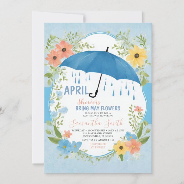 Invitation Les Pluies d'Avril Amènent Fleurs de Mai Parapluie (Devant)