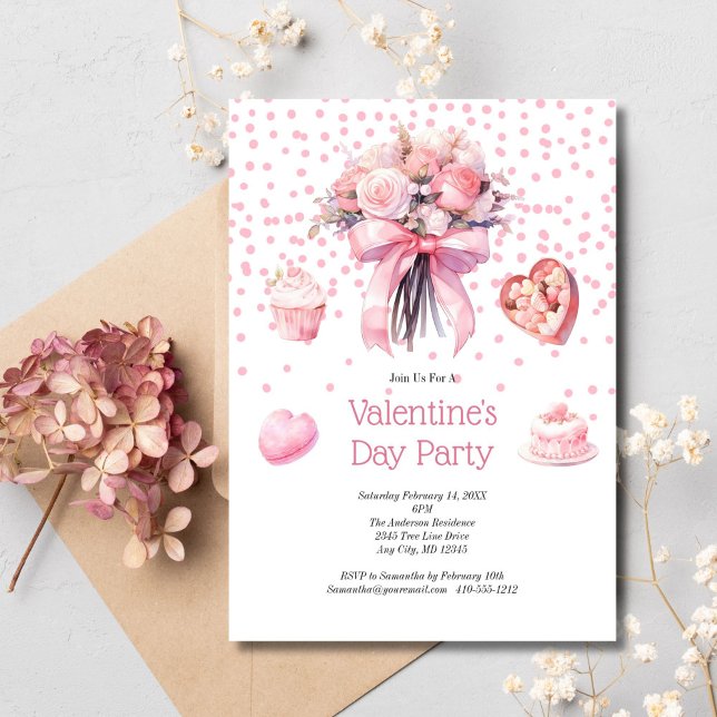 Invitation Les sucreries florales roses La Saint-Valentin (Pink Watercolor Floral and Sweets Valentine's Galentine's Day Party. Printed or Digital Invitation)
