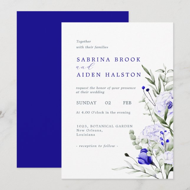 Invitation Les Tons Du Mariage Floral Royal Blue Ivory (Devant / Derrière)