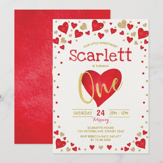 Invitation Les Valentines d'or rouge l'amour premier annivers (Devant / Derrière)