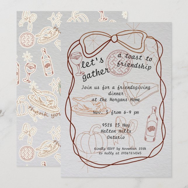 Invitation  "Let’s Gather" Hand-Drawn Friendsgiving  (Devant / Derrière)