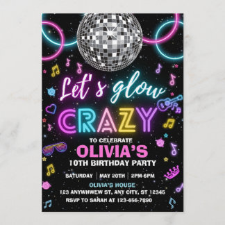 Invitation Let’s Glow Crazy disco party