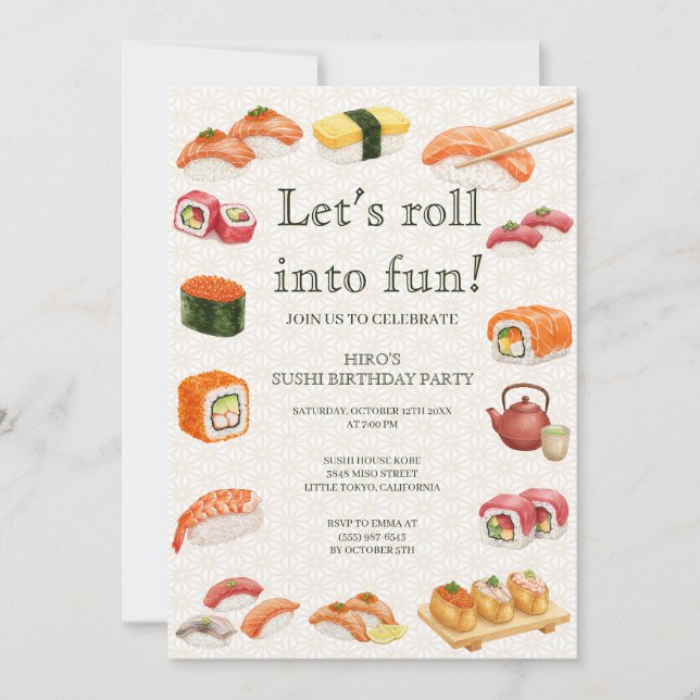Invitation Let’s Roll into Fun! Sushi Birthday Party Invitati (Devant)