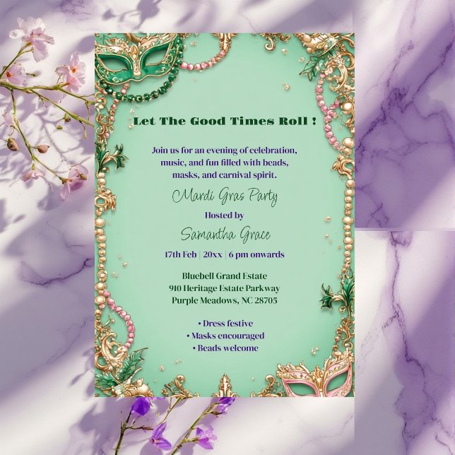 Invitation Let The Good Times Roll Mardi Gras Mask Beads Fun  (Let The Good Times Roll Mardi Gras Mask Beads Fun Invitation)