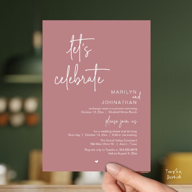 Invitation Let's Celebrate, Minimal Modern Wedding Reception (Let's Celebrate, Modern Minimal Wedding Reception dinner dancing Invitation card dusty rose pink)