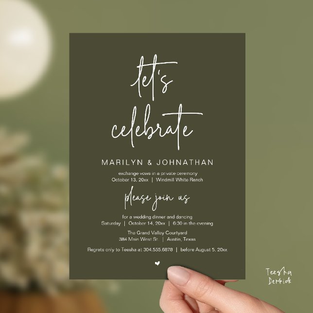 Invitation Let's Celebrate, Modern Minimal Wedding Reception (Let's Celebrate, Modern Minimal Wedding Reception dinner dancing Invitation card olive green)