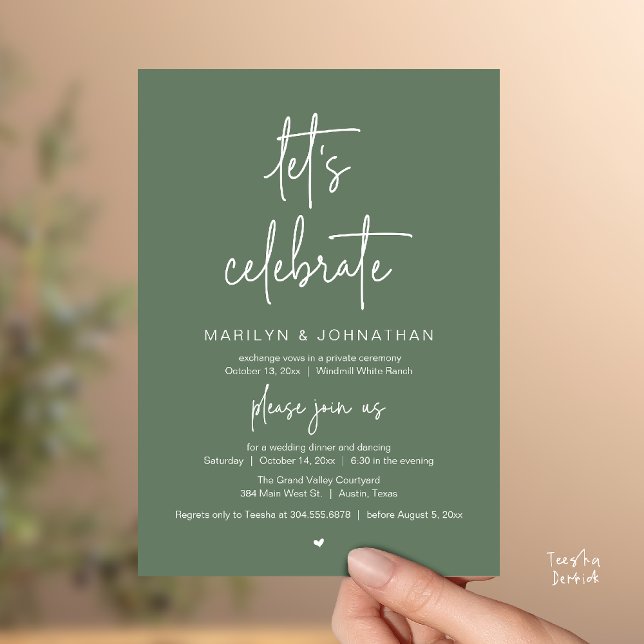 Invitation Let's Celebrate, Modern Minimal Wedding Reception (Let's Celebrate, Modern Minimal Wedding Reception dinner dancing Invitation card sage green)