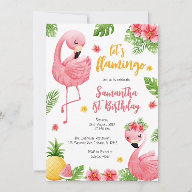 Invitation Let's Flamingle Pink Girl Tropical Birthday (Devant)