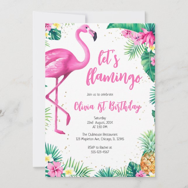 Invitation Let's Flamingle Pink Girl Tropical Birthday (Devant)