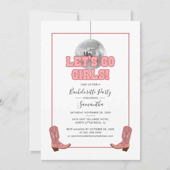 Invitation Lets Go Girls Disco Cowgirl Bachelorette Party (Devant)