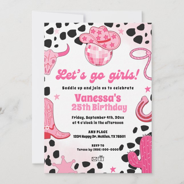 Invitation Let's go Girls Disco Cowgirl Space Rodeo Birthday (Devant)