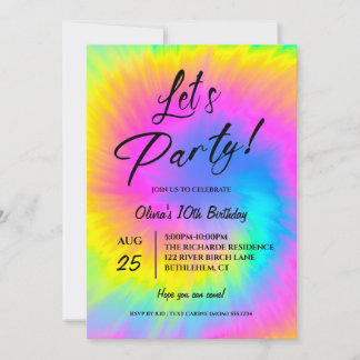 Invitation Let's Party  Colorful Tie Dye birthday 