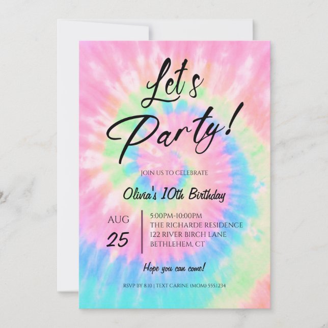 Invitation Let's Party, Pink Tie Dye birthday party (Devant)