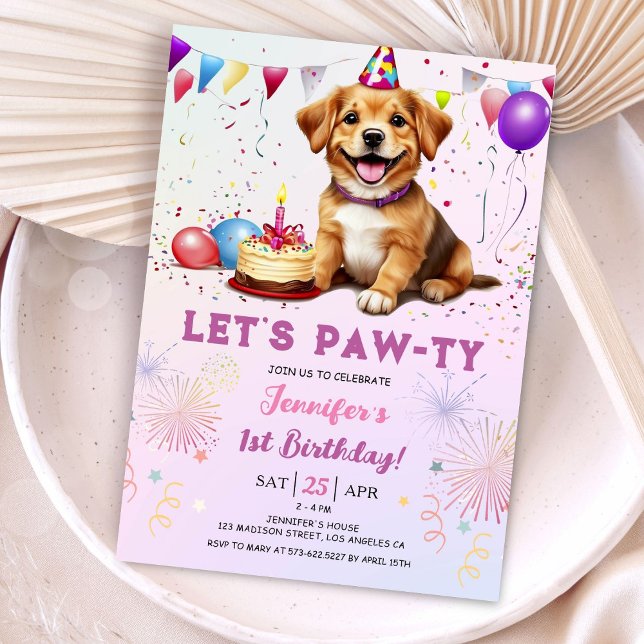 Invitation Lets Pawty Chien Fête Anniversaire Fille 1er Anniv (Créateur téléchargé)