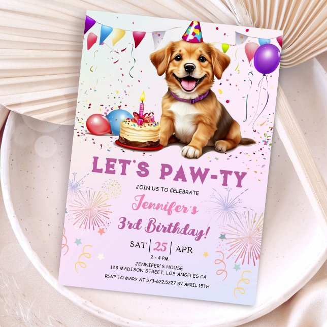 Invitation Lets Pawty Dog Anniversaire Fille 3e Anniversaire (Créateur téléchargé)