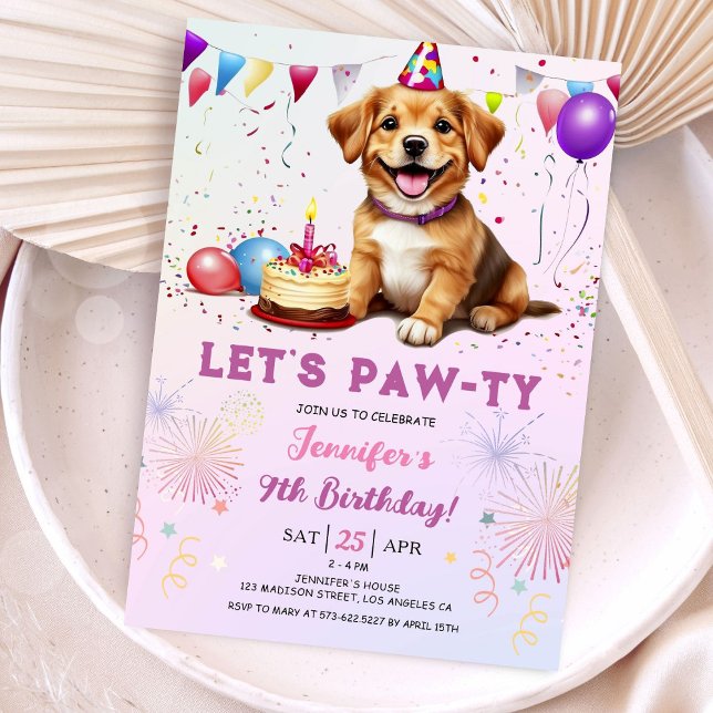 Invitation Lets Pawty Dog Anniversaire Fille 9e Anniversaire (Créateur téléchargé)