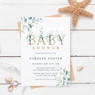 Invitation LETTRE Botanique Éucalyptus Baby shower Or