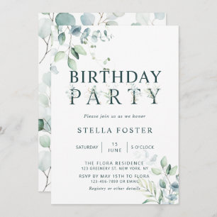 Invitation Lettre botanique Eucalyptus Parti d'anniversaire