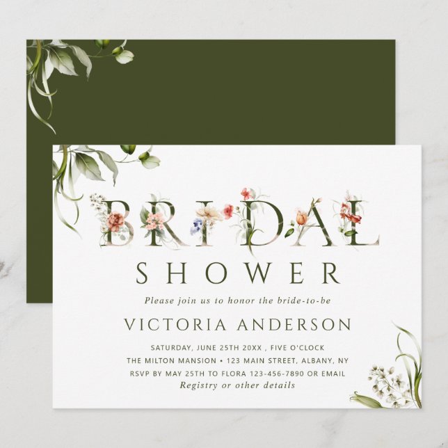 Invitation LETTRE BOtanique Olive Vert Floral Fête des mariée (Devant / Derrière)