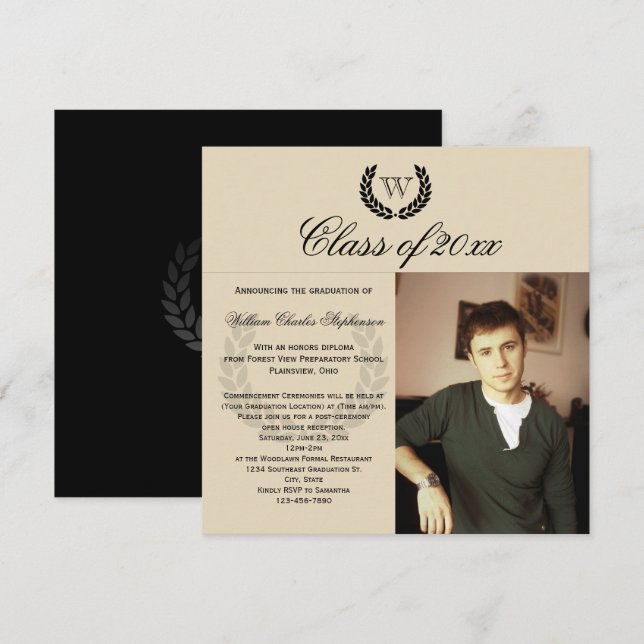 Invitation Lettre carré Monogramme Classic Photo Graduation (Devant / Derrière)