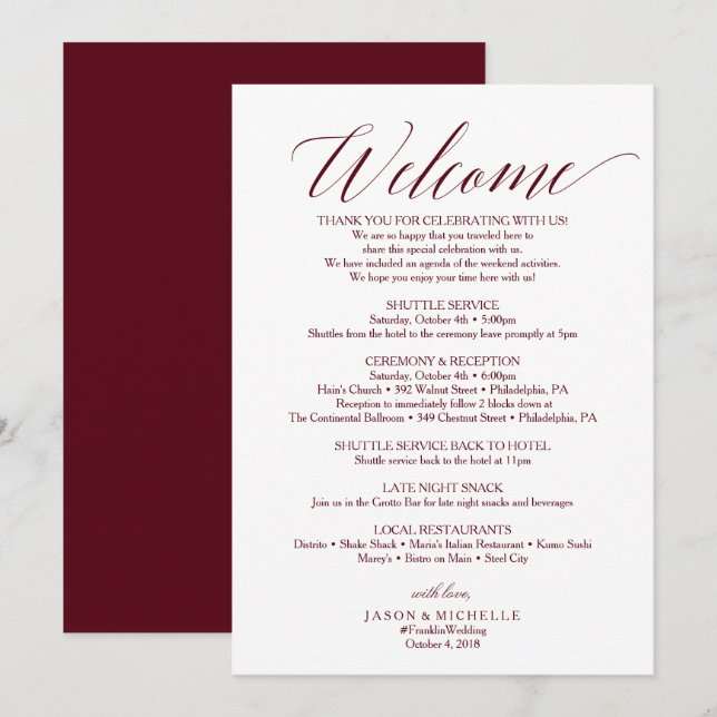 Invitation Lettre de bienvenue au mariage en écriture de Bour (Devant / Derrière)