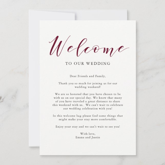 Invitation Lettre de bienvenue de mariage à la typographie él (Devant)