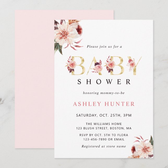 Invitation LETTRE D'OR Floral Baby shower D'Aquarelle Élégant (Devant / Derrière)