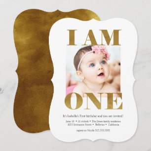 Invitation LETTRE D'OR Moderne Photo 1er Anniversaire