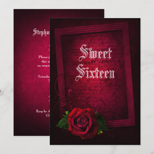 Invitation Lettre encadrée gothique & Rose rouge Sweet 16