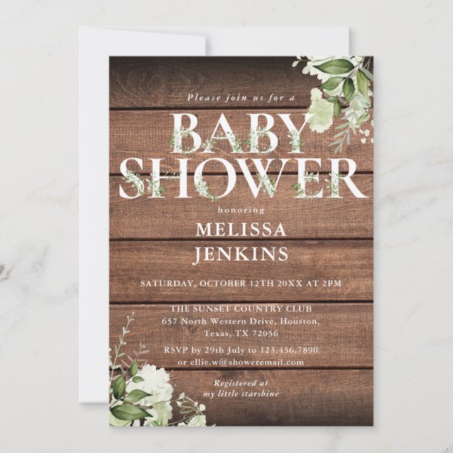 Invitation LETTRE Florale Baby shower rustique Bois vert (Devant)
