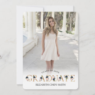 Invitation Lettre florale Blush Gold Navy - photo de graduati