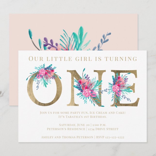 Invitation Lettre florale or chic 1er anniversaire rose vif (Devant / Derrière)