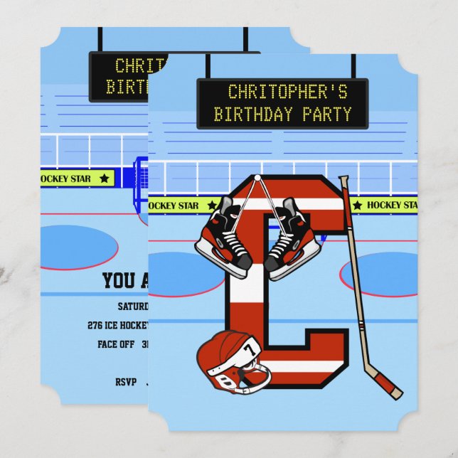Invitation Lettre initiale personnalisée C Hockey sur glace (Devant / Derrière)