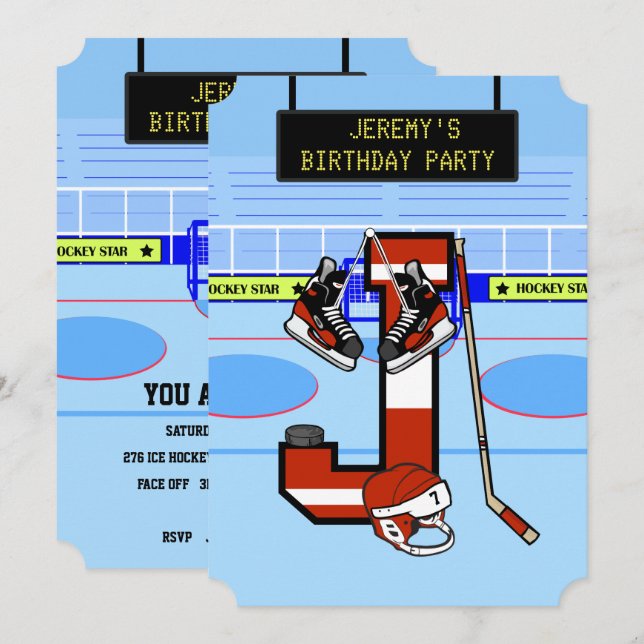 Invitation Lettre initiale personnalisée J Hockey sur glace (Devant / Derrière)