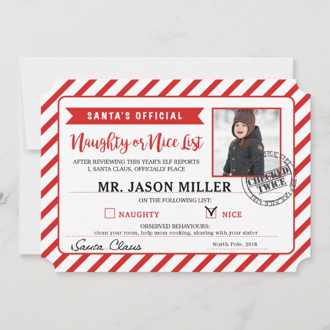 Invitation Lettre personnelle du Père Noël Naughty ou Nice (Devant)