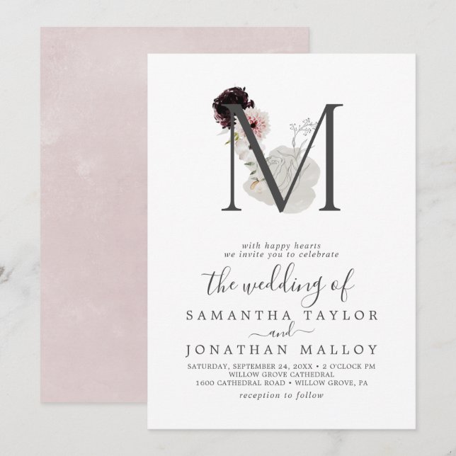 Invitation LETTRE Romance Florale M Mariage Monogramme (Devant / Derrière)