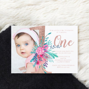Invitation Lettre rose or florale 1er anniversaire photo blus