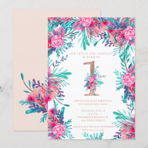 Invitation Lettre rose or florale 1er anniversaire rose pâle