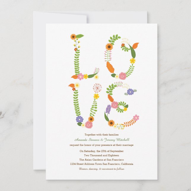 Invitation Lettres d'AMOUR Florale Mariage boisé rustique (Devant)