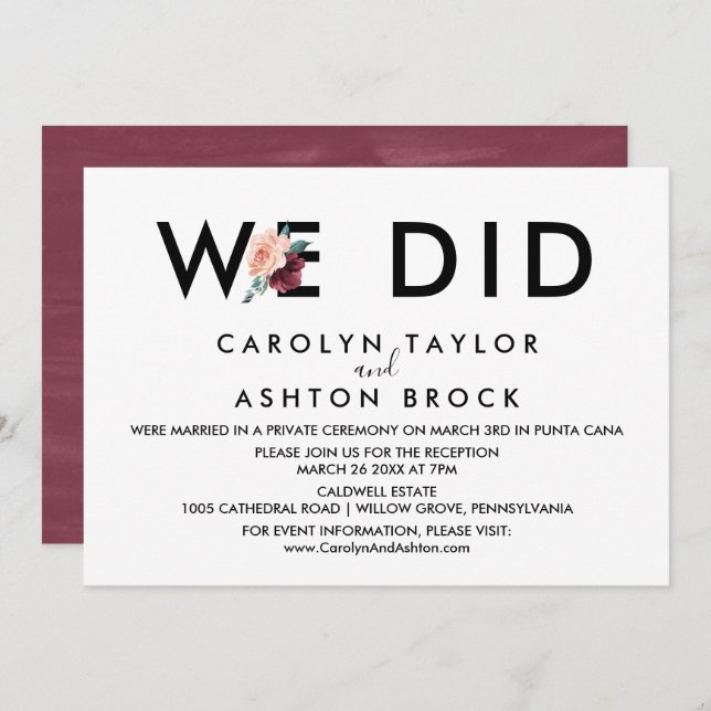 Invitation Lettres de fleurs | Maroon Nous N'Avons Fait Récep (Devant / Derrière)