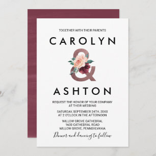 Invitation Lettres de fleurs   Maroon Rose Mariage or