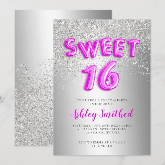 Invitation Lettres de parties scintillant d'argent sweet sixt (Devant / Derrière)
