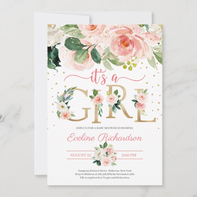 Invitation Lettres en feuille d'or c'est un baby shower flora (Devant)