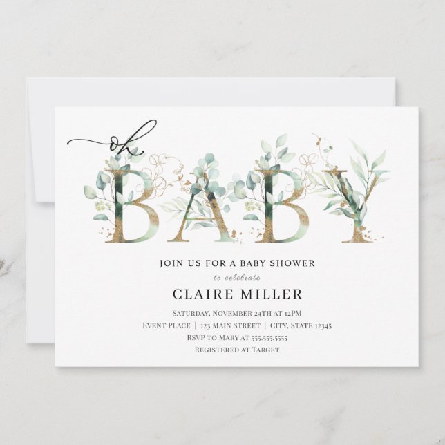 Invitation Lettres vertes et or Oh Baby shower (Devant)
