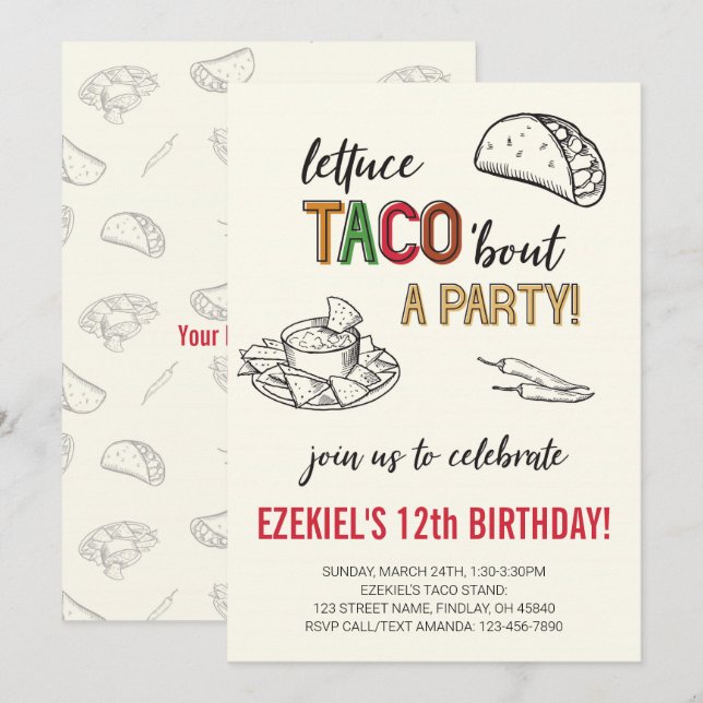 Invitation Lettuce Taco parle d'un anniversaire de fête (Devant / Derrière)