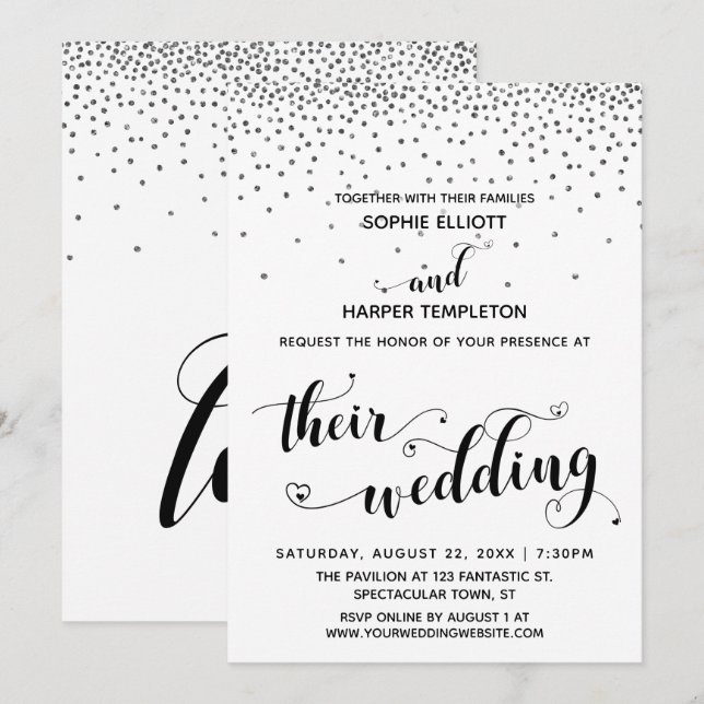 Invitation Leur Coeur Mariage Script Confetti Argent (Devant / Derrière)