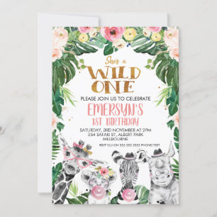 Invitation Levé Safari Animaux Floral Wild Un Anniversaire
