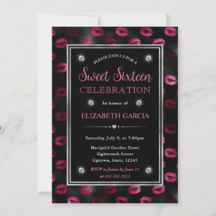 Invitation Lèvres Pailletées Rose et Noir Motif Sweet Sixteen
