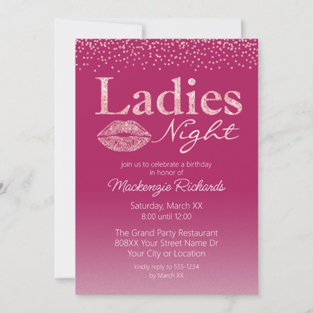 Invitation Lèvres roses et Parties scintillant glamour nuit D (Devant)