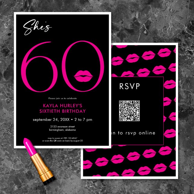Invitation Lèvres rouges minimales modernes Elle a soixante a (Modern Minimal Pink Lips She's Sixty Birthday QR Invitation)